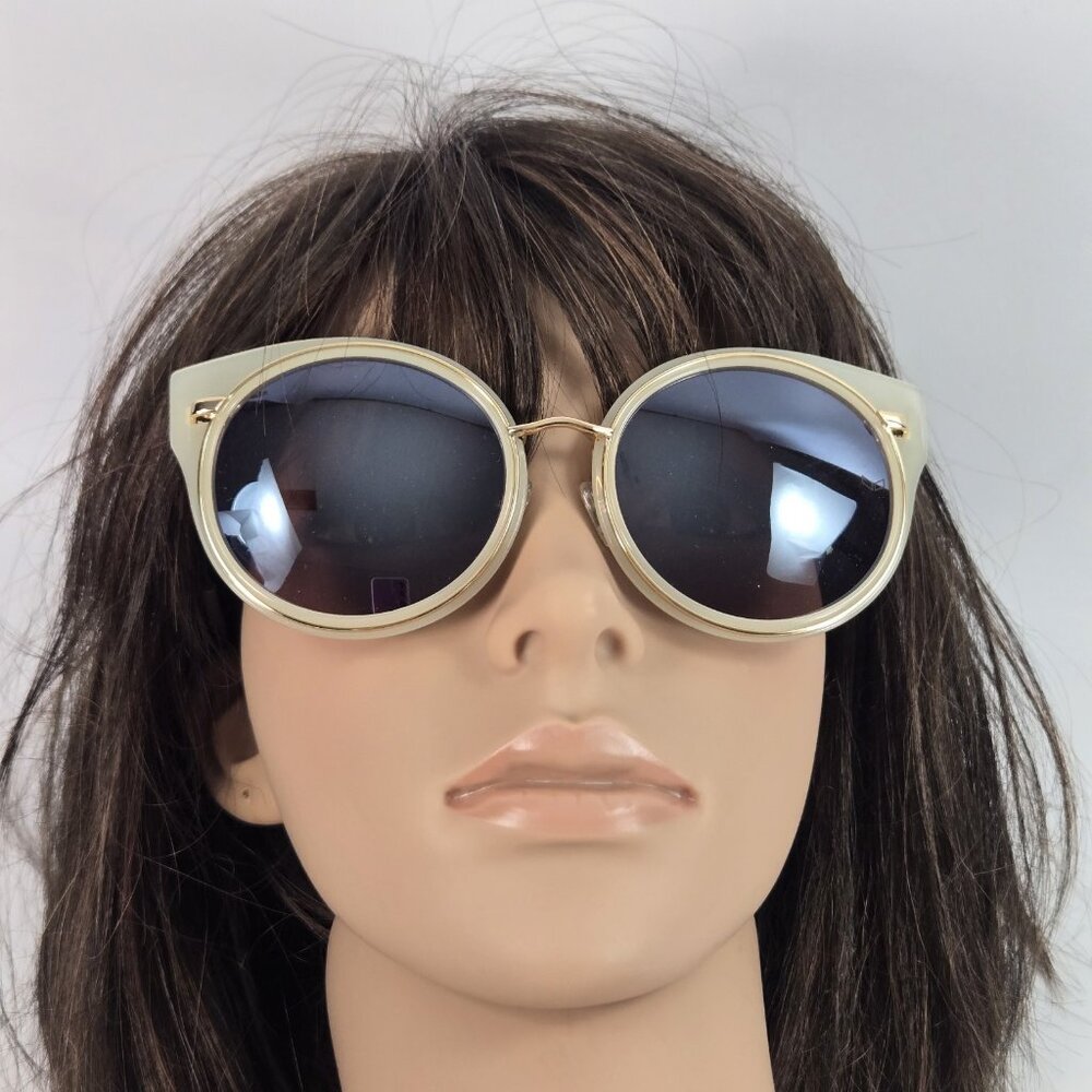 Retro Mod Oversized Round Sunglasses White Plastic Metal Gold Frame 58-20-148